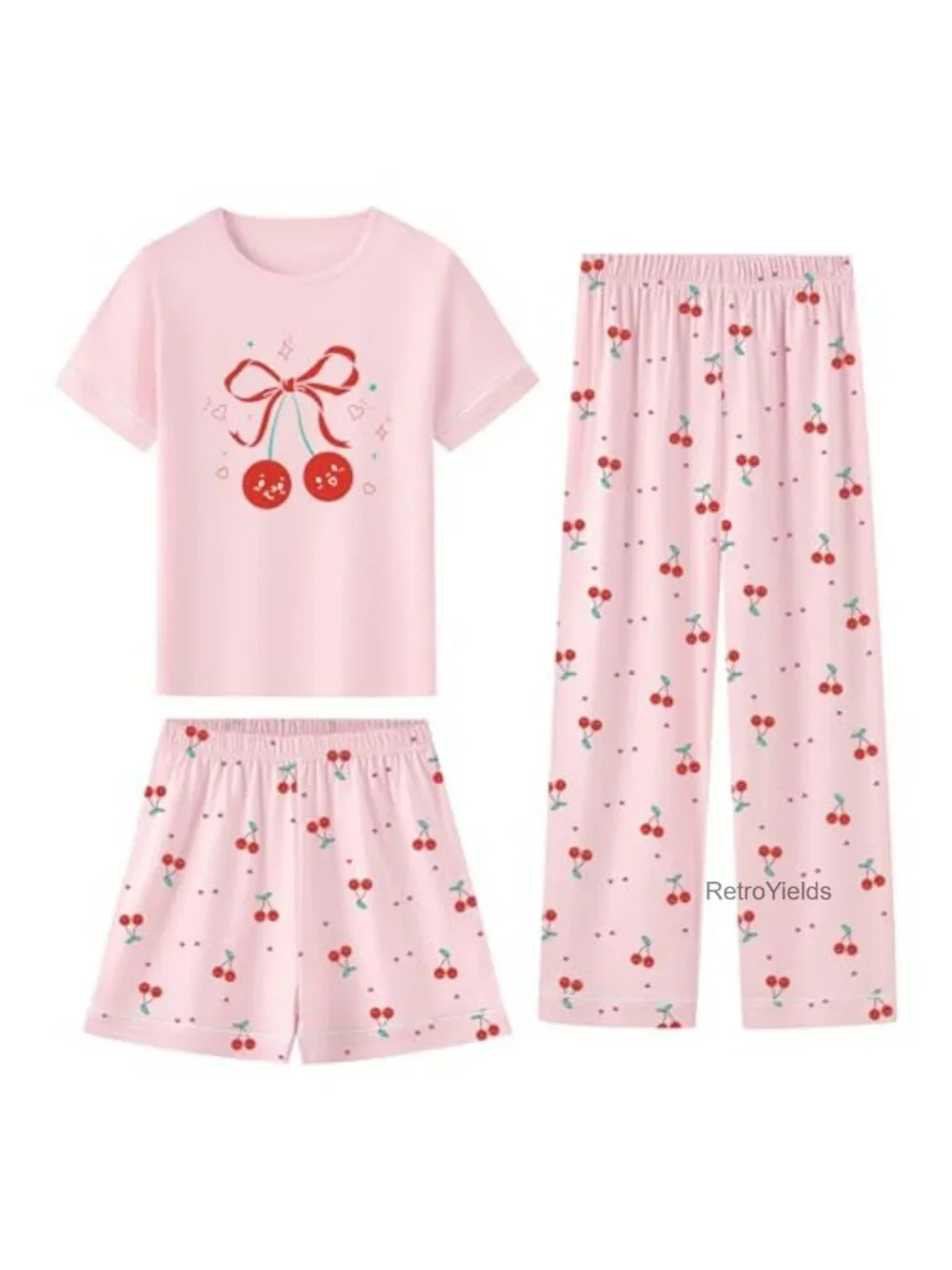3PC Cotton Pajama Set Short Sleeve Tee Shorts Pants Girls Sleepwear Lounge